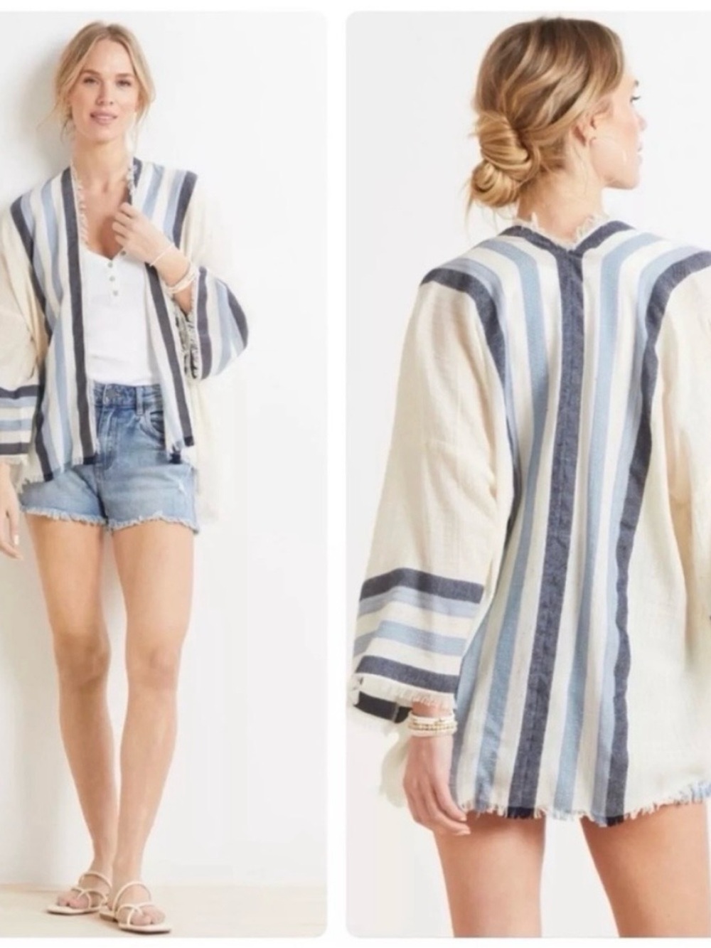 Michael Stars Bea Striped Wrap Kimono Poncho Women's Open Front Cover Up